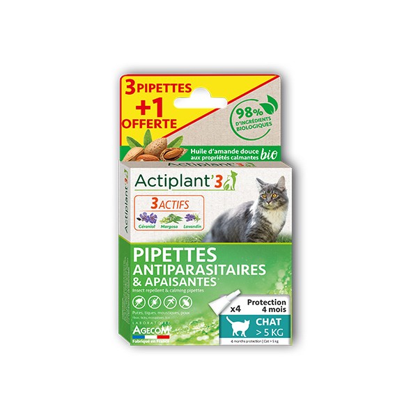 Actiplant'3 - Pipettes antiparasitaires & apaisantes - Chat + de 5 kg