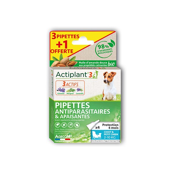 Actiplant'3 - Pipettes antiparasitaires & apaisantes - chiot et petit chien 2-10 kg